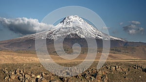 Snowy Volcanic High Altitude Mountain Cone in Spring