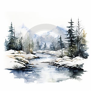 Snowy Watercolor Landscape: A Whistlerian Ink Wash Painting photo