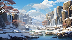 Snowy Waterfall Landscape: A Digital Painting Inspired By Studio Ghibli