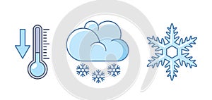 Snowy Weather Forecast Icons Set. Collection Of Symbols Depicting Snowfall, Frost, Thermometer And Cold Winter