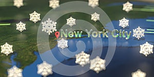 Snowy weather icons near New York City on the map, weather forecast related 3D rendering