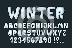 Snowy white blue alphabet  winter font. Cute set letters  numbers  symbols. Illustration on dark