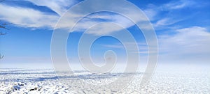 snowy white field  blue sky with big clouds  sunny weather winter landscape background wallpaper