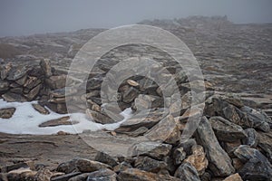 Snowy wind and fog on Maroma peak in thunderstorm day