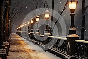Snowy winter alley with lanterns and lanterns in Moscow, Russia