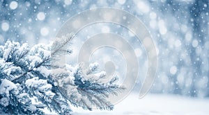 Snowy Winter christmas background with copy space. Fir tree branch covered with snow. AI generative