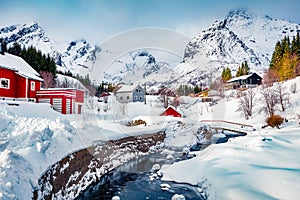 Snowy winter cityscape of Nusfjord town. Picturesque landscape of Norway, Europe.