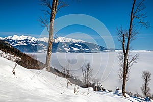 Snowy winter country and Western Tatras at background, Slovakia