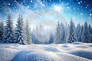 Snowy winter forest landscape, falling snow, sunlit, peaceful scene