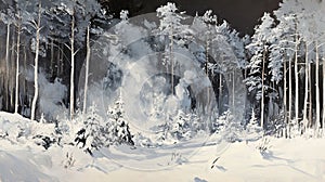 Snowy winter forest scene with snow-covered trees and ground