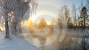 Snowy winter forest with shrubs and birch trees on the banks of the river with fog, Russia, the Urals, January