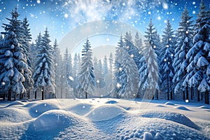 Snowy winter forest, sun rays, snowdrifts, glowing