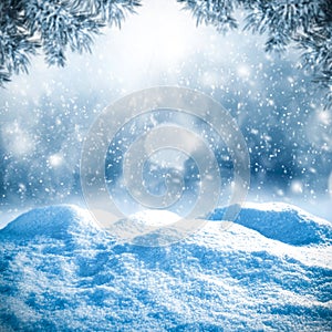 Snowy winter glittering and shiny background with space for your products and decoration. Happy Christmas time.