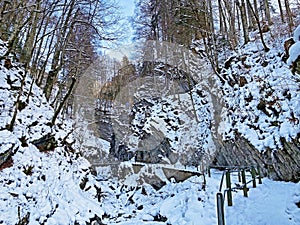 Snowy winter idyll in the canyon of the river Thur die Schlucht des Flusses Thur in the Unterwasser settlement, Switzerland