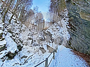 Snowy winter idyll in the canyon of the river Thur die Schlucht des Flusses Thur in the Unterwasser settlement, Switzerland