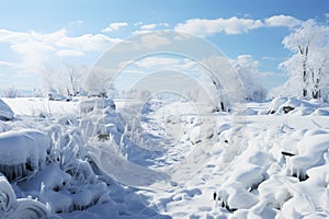 Snowy winter landscape in the countryside, a path among trees covered with frost, cold season wallpaper, AI Generated