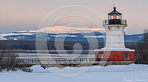 Snowy winter landscape featuring a lighthouse and distant mountain range photo