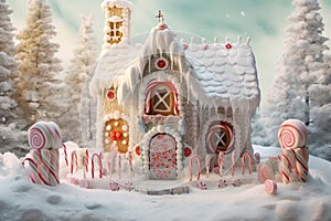 Snowy winter landscape with gingerbread house