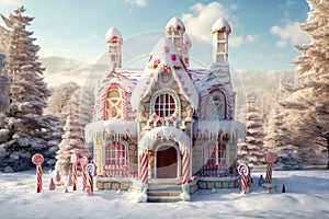 Snowy winter landscape with gingerbread house