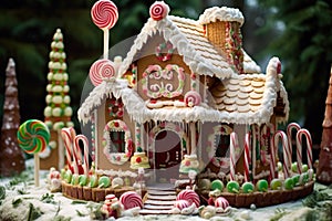 Snowy winter landscape with gingerbread house
