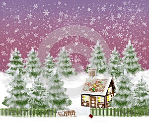 Snowy winter landscape with gingerbread house and sledge in the garden