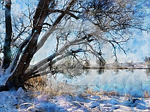 Snowy winter landscape on the Havel River in Havelland. Watercolour painting