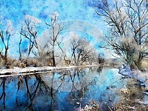 Snowy winter landscape on the Havel River in Havelland. Watercolour painting