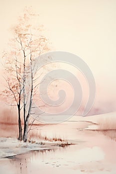 Snowy winter landscape. Misty scenery and frozen lake. Watercolor painting.