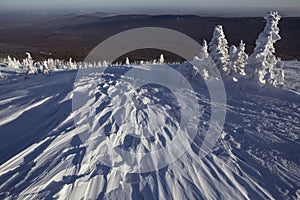 Snowy winter landscape in the mountains.