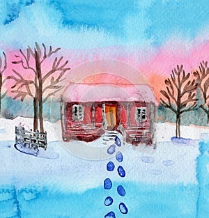 Snowy winter landscape with red cottage and brown trees. Hand drawn watercolor sketch. Blue, pink and yellow sun set sky. White