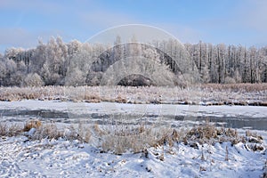 Snowy winter landscape of river, forest on background.