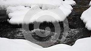 Snowy Winter Landscape with River in Forest. Flowing Water and Breaking Ice