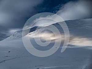 Snowy winter landscape of Sarek national park in swedish lappland