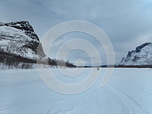 Snowy winter landscape of Sarek national park in swedish lappland