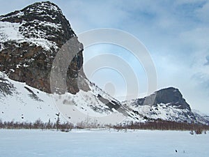 Snowy winter landscape of Sarek national park in swedish lappland