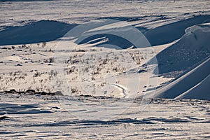 Snowy winter landscape of Sarek national park in swedish lappland