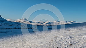 Snowy winter landscape of Sarek national park in swedish lappland