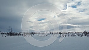 Snowy winter landscape of Sarek national park in swedish lappland