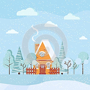Snowy winter landscape scene with country house with chimney smoke Christmas vector background illustration.