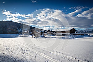 Snowy winter landscape, skiing, alps
