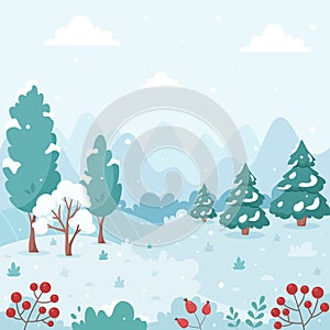 Snowy winter landscape with trees, mountains, fields. Countryside landscape. Winter background. Vector illustration.