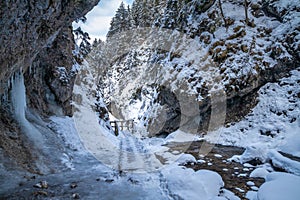 Snowy winter landscape with a wooden bridge on tourist trail thr