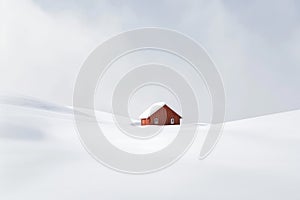 Snowy winter landscape with a wooden house in the middle of it