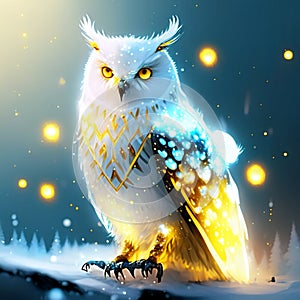 Snowy winter night with owl and snowflakes. 3d illustration Generative AI