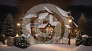 Snowy winter night view of a house