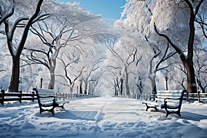 Snowy winter park with benches and trees covered with hoarfrost