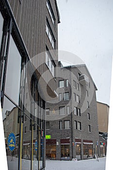 Snowy winter photograph of the new city center. October 11, 2023: Kiruna Municipality, Lapland, Norrbotten County