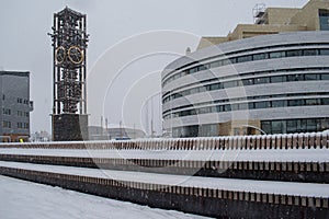 Snowy winter photograph of the new city center. October 11, 2023: Kiruna Municipality, Lapland, Norrbotten County