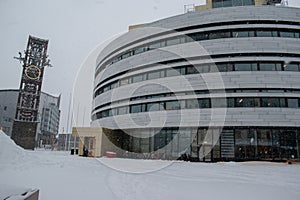 Snowy winter photograph of the new city center. October 11, 2023: Kiruna Municipality, Lapland, Norrbotten County