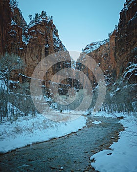 Snowy winter scene along the Virgin River on the Riverside Walk trail, Utah